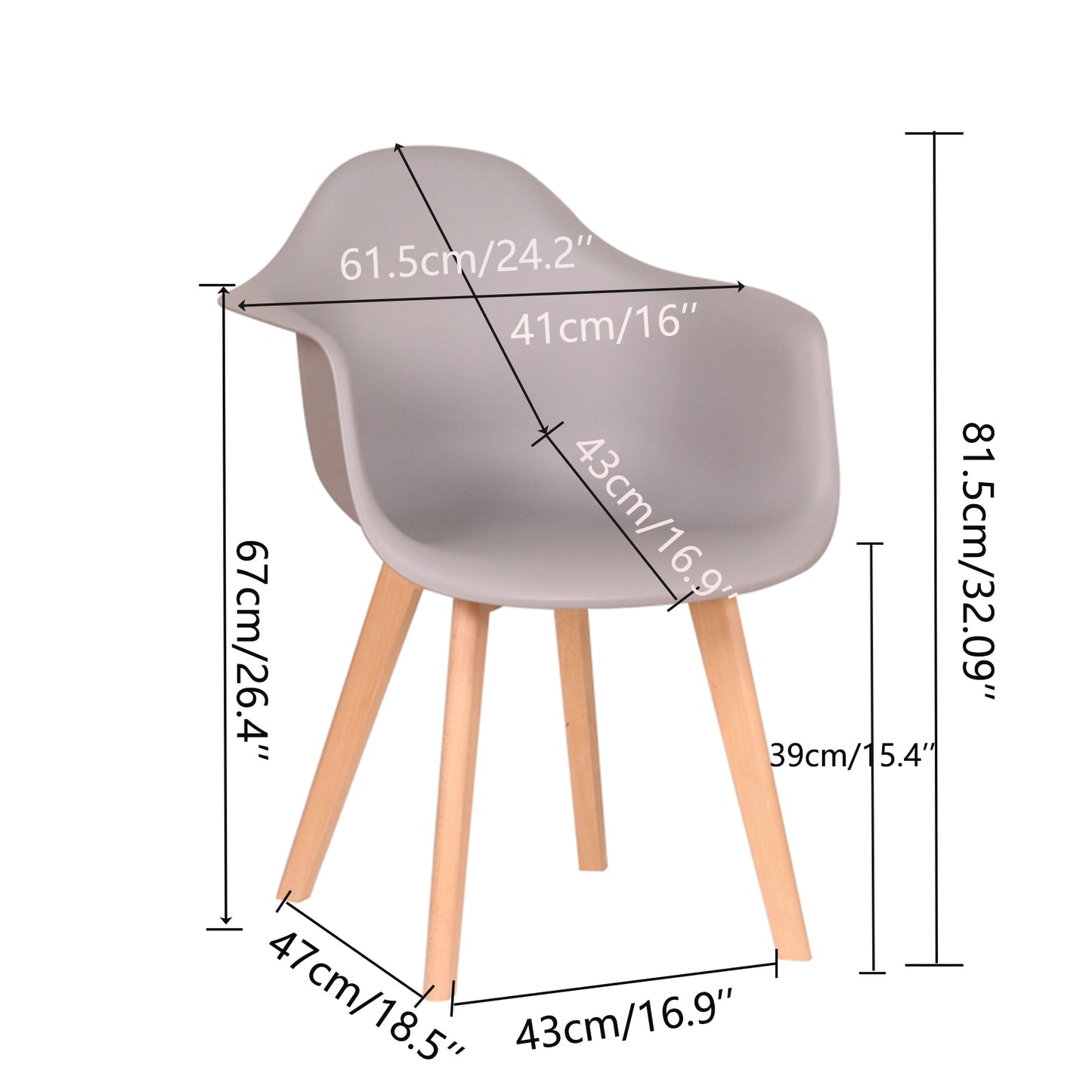 Ein Satz mit 4 Esszimmerstühlen und Sesseln, minimalistisch, Retro, modern, Kunststoff-Buchenbeine für Esszimmer, Küche, Wohnzimmer, Weiß/Schwarz/Grau