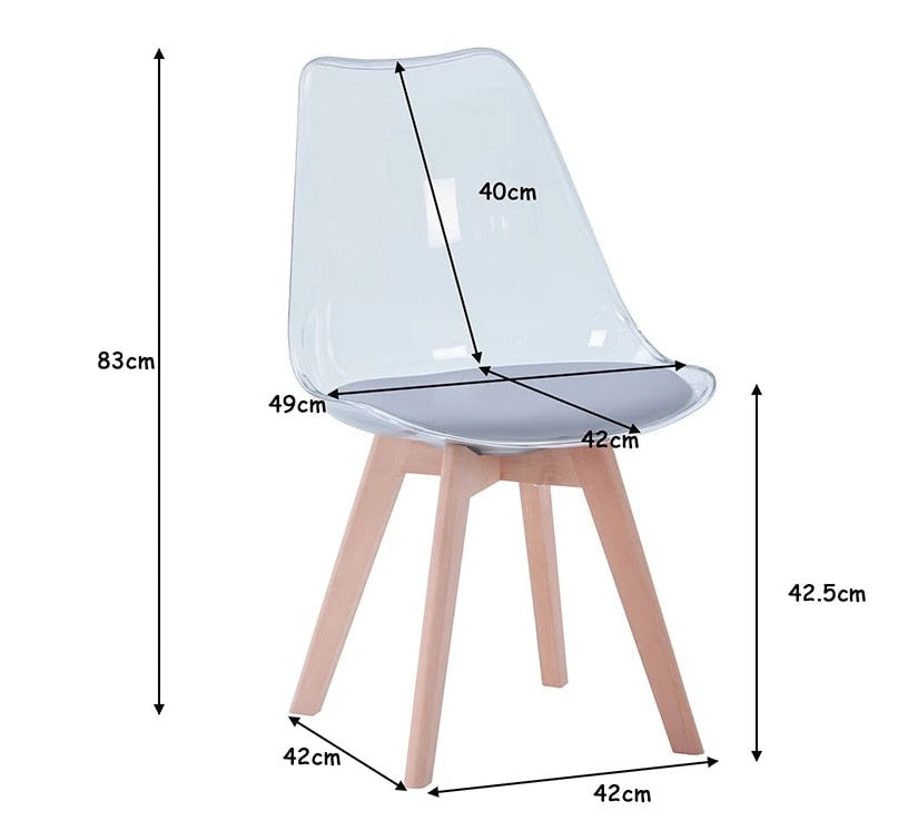 Ein Satz von 4/6 transparenten gepolsterten Esszimmerstühlen, Acrylstühlen mit PU-Kissen und Buchenbeinen für die Küche, das Esszimmer und das Wohnzimmer