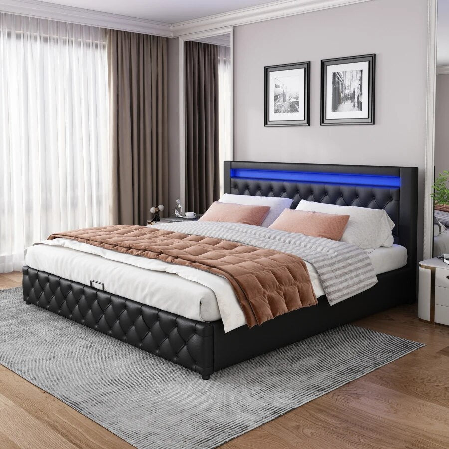 Bed Pizarra zwart met verstelbare LED verlichting