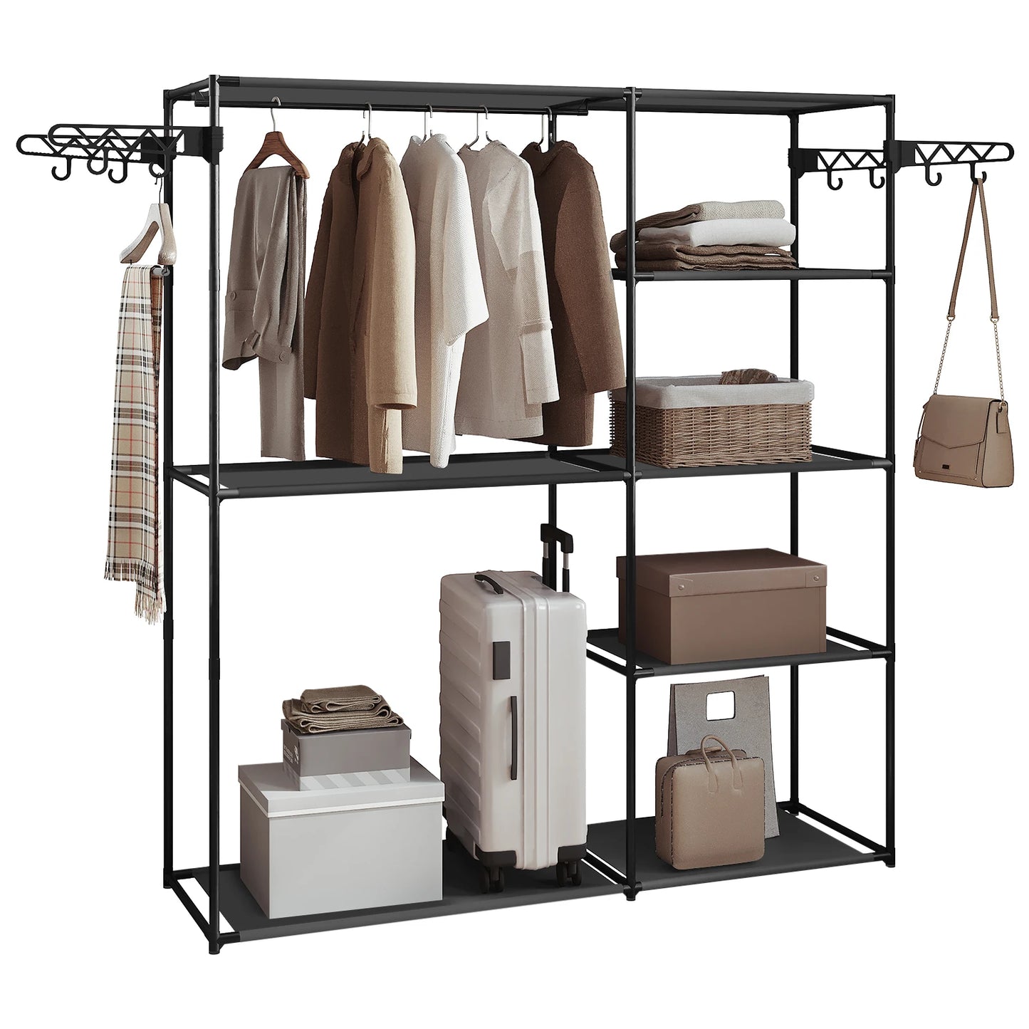 WOLTU Black Clothing Wardrobe Coat Stand Clothes Rack with 8 Storage Shelves Hanging Bar Hooks for Bedroom Dressing Room