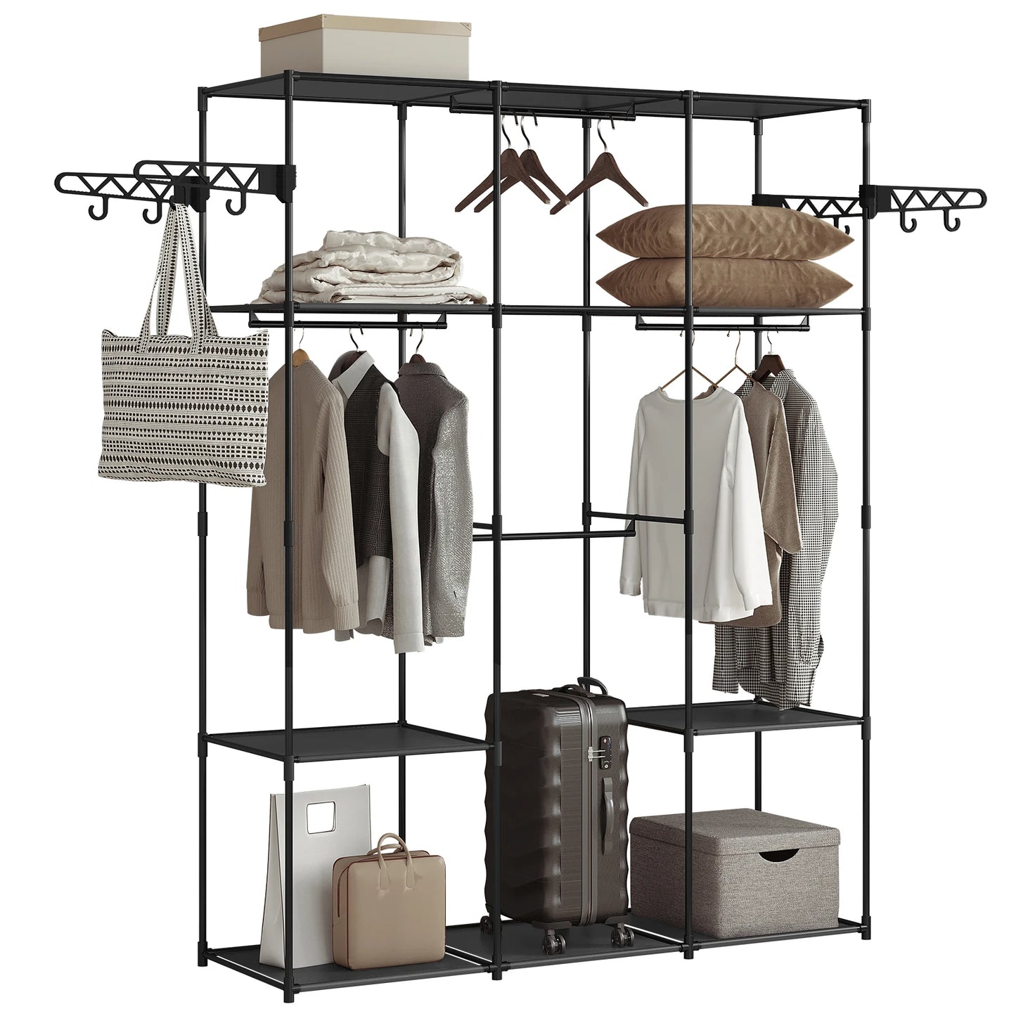 WOLTU Black Clothes Rack Standing Wardrobe Dressing Open Storage Cabinet with Storage Shelves Hanging Bars Hooks for Bedroom