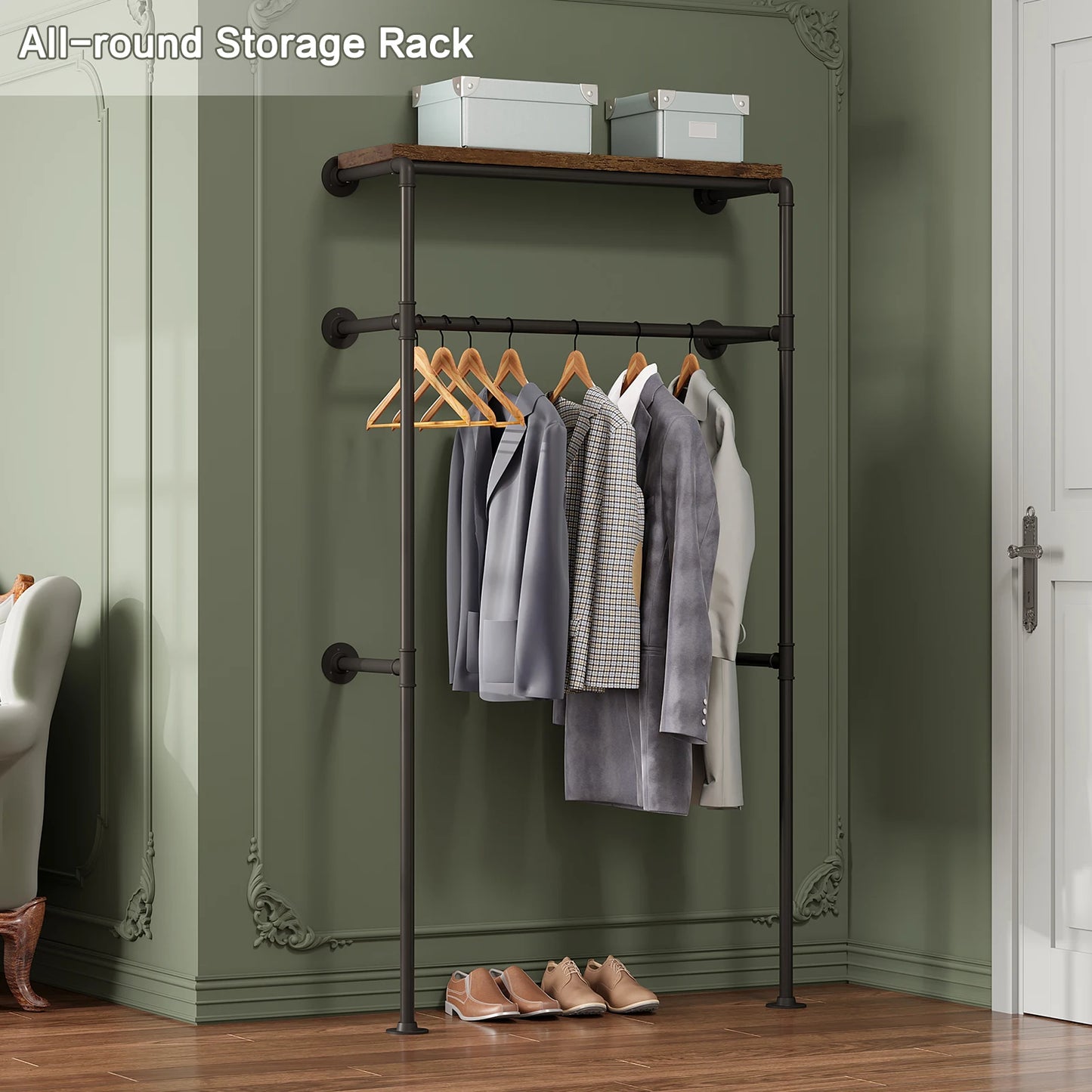 WOLTU Wall Mounted Clothes Rack Steel Tube Industrial Garment Wardrobe Clothes Rail with MDF Hanging Shelf for Cloakroom