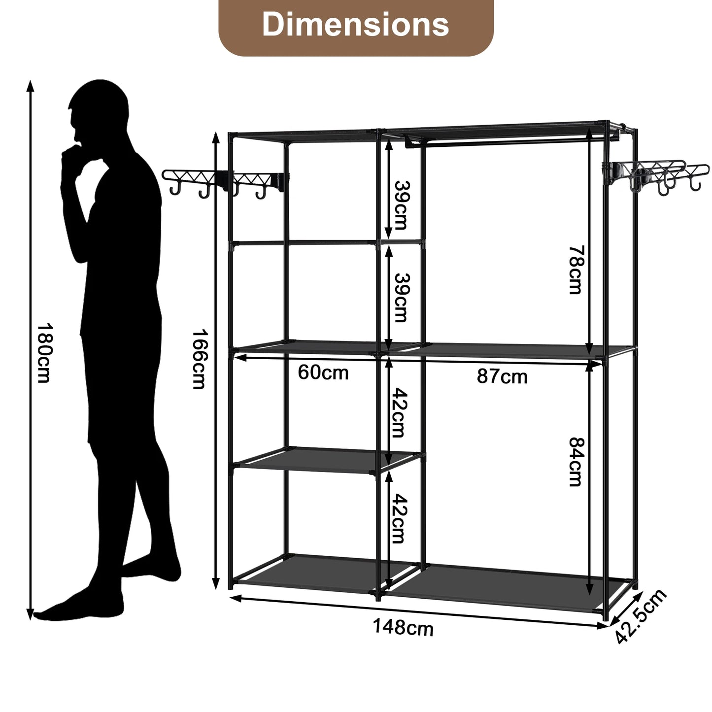 WOLTU Black Clothing Wardrobe Coat Stand Clothes Rack with 8 Storage Shelves Hanging Bar Hooks for Bedroom Dressing Room