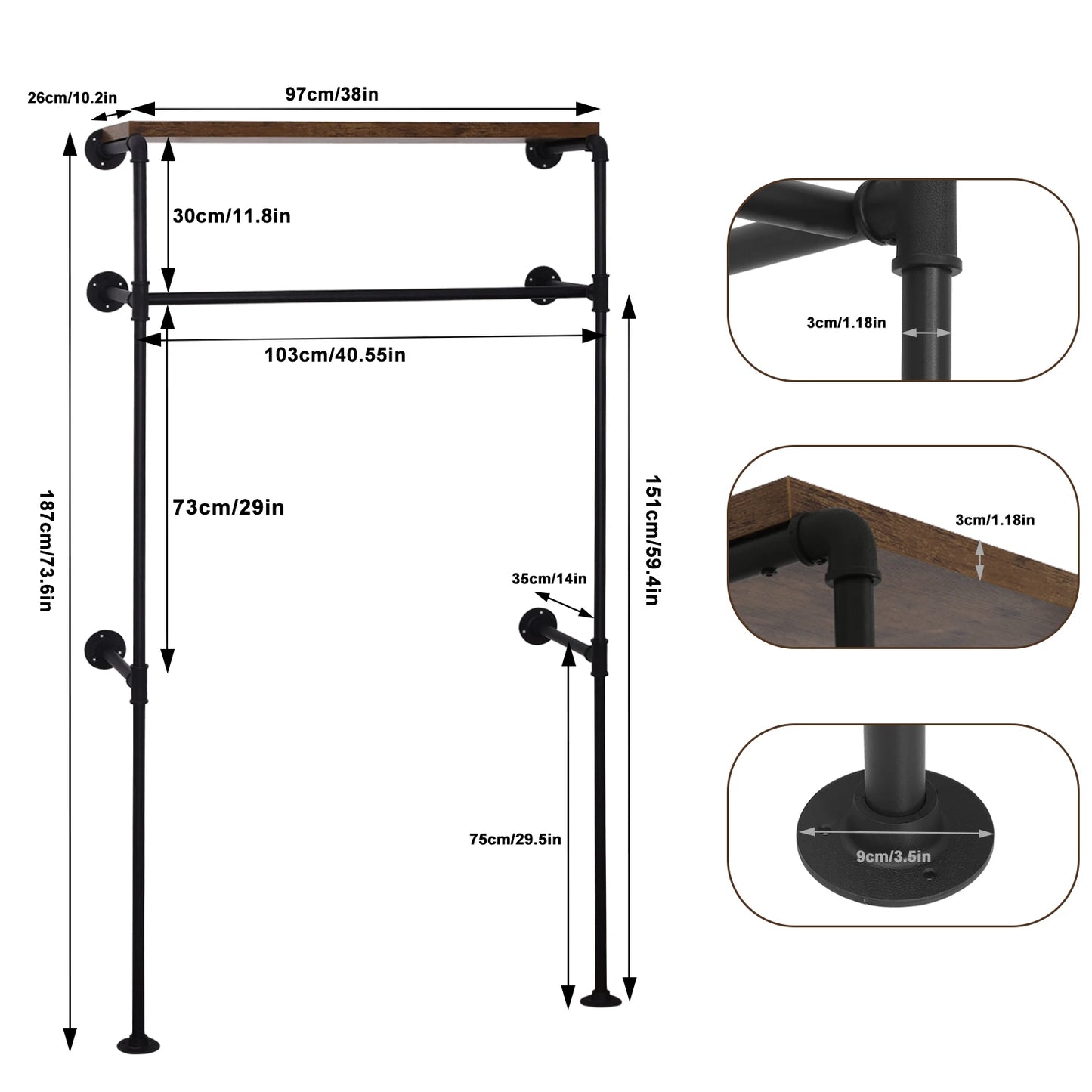 WOLTU Wall Mounted Clothes Rack Steel Tube Industrial Garment Wardrobe Clothes Rail with MDF Hanging Shelf for Cloakroom