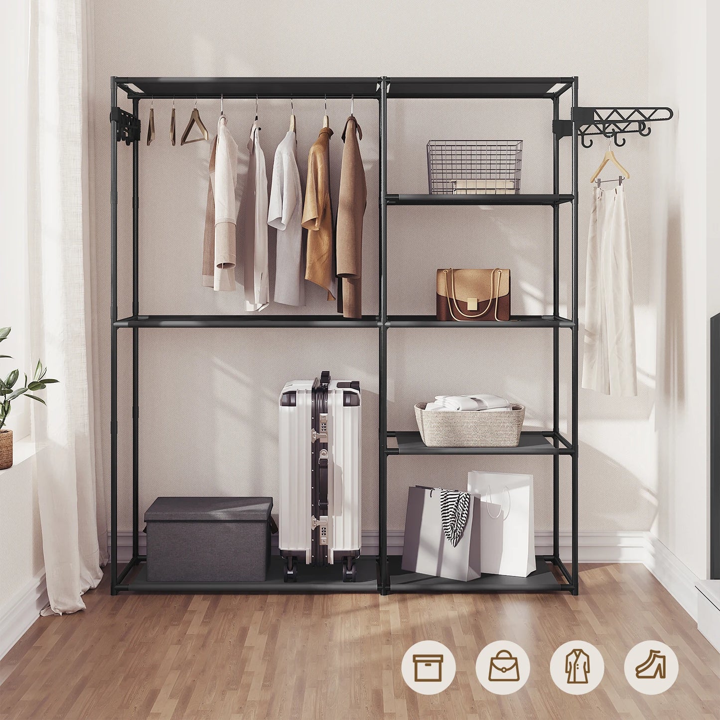 WOLTU Black Clothing Wardrobe Coat Stand Clothes Rack with 8 Storage Shelves Hanging Bar Hooks for Bedroom Dressing Room