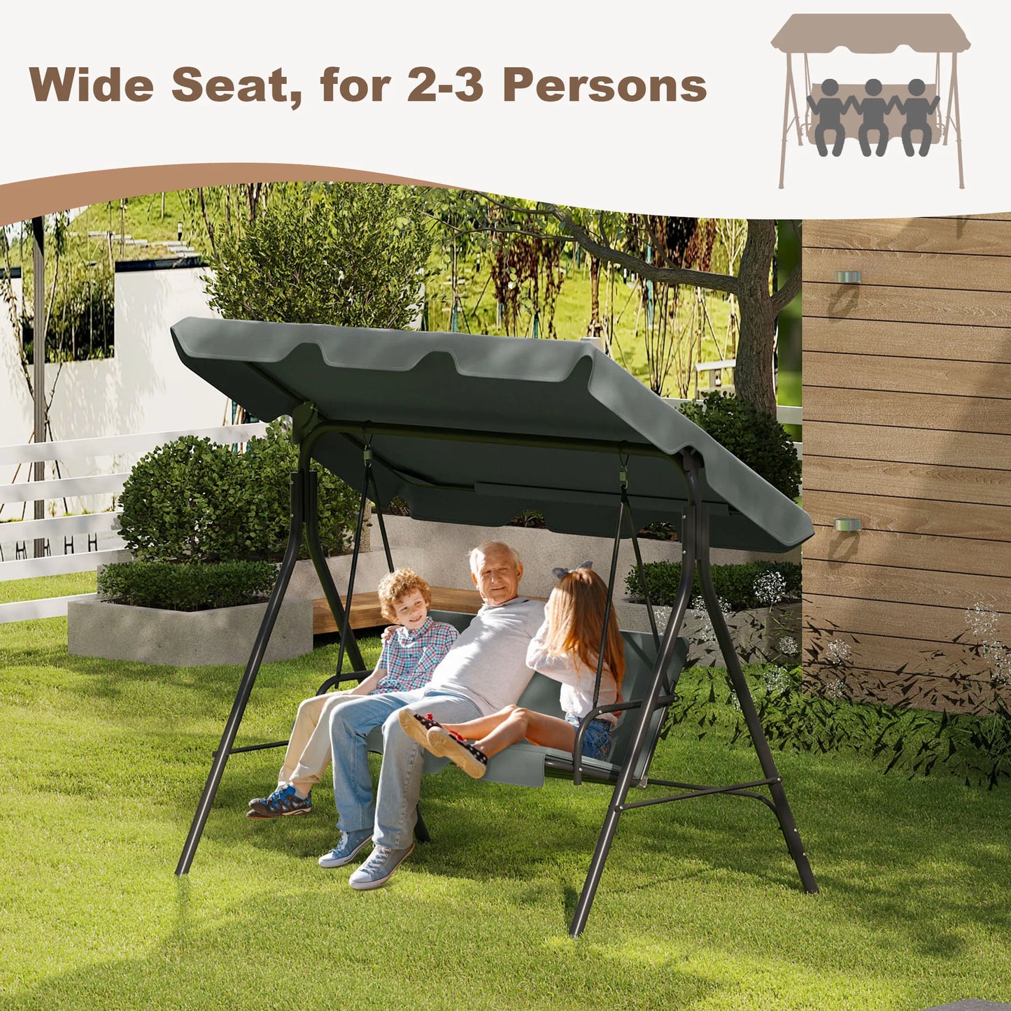 Garden Swing 3-Seater Outdoor Swing with Canopy Removable Cushion Adjustable Roof Water-Repellent Fabric for Patio Courtyard