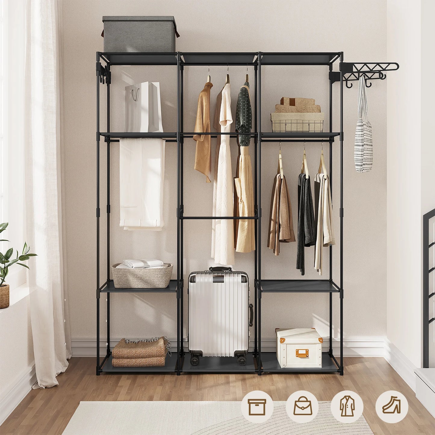 WOLTU Black Clothes Rack Standing Wardrobe Dressing Open Storage Cabinet with Storage Shelves Hanging Bars Hooks for Bedroom