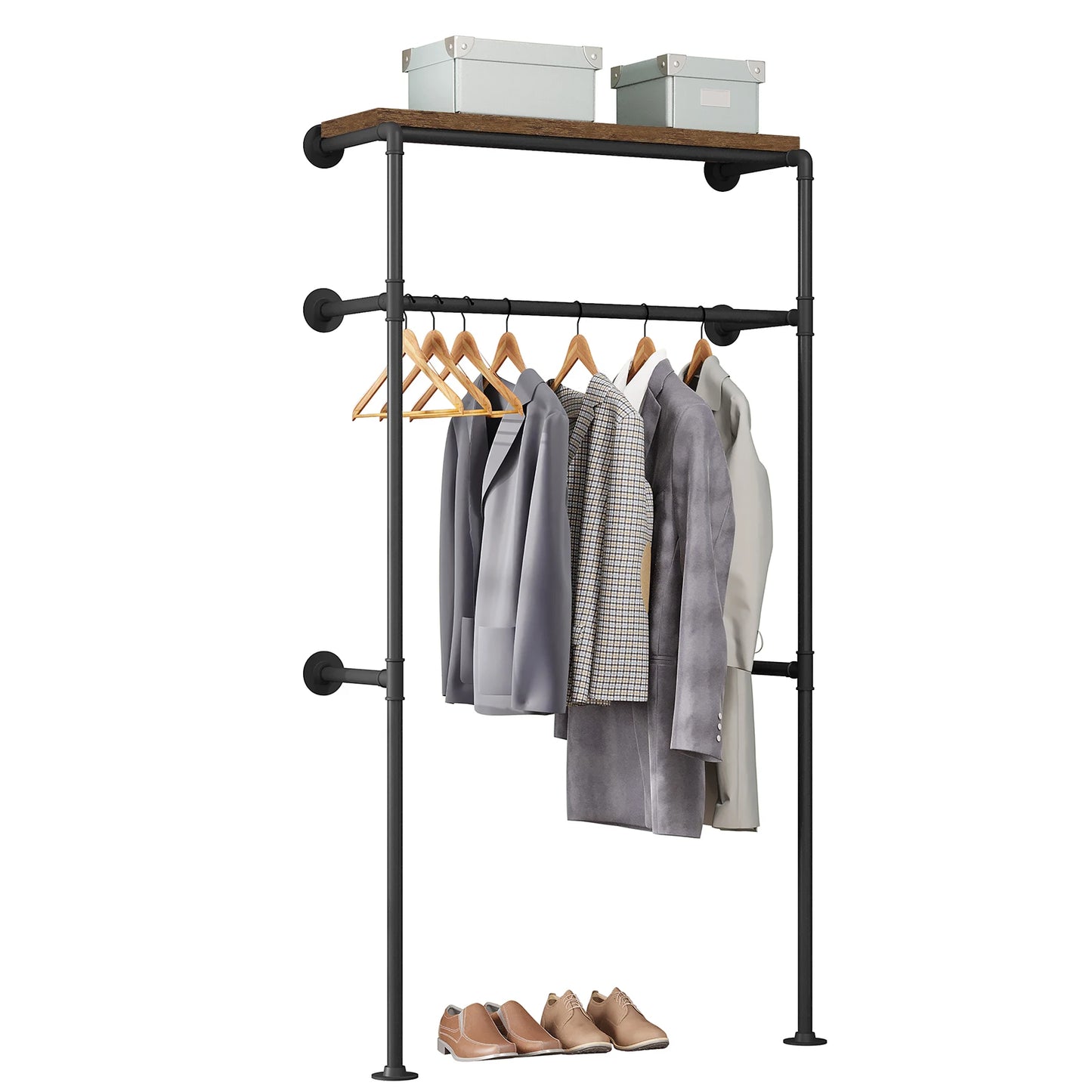 WOLTU Wall Mounted Clothes Rack Steel Tube Industrial Garment Wardrobe Clothes Rail with MDF Hanging Shelf for Cloakroom