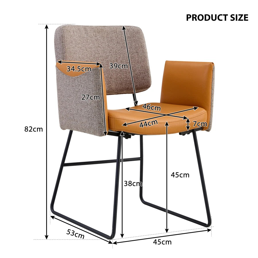 Cushioned chairs， dining chairs, kitchen chairs, armrest frames are metal and black leg chairs are ecological leather