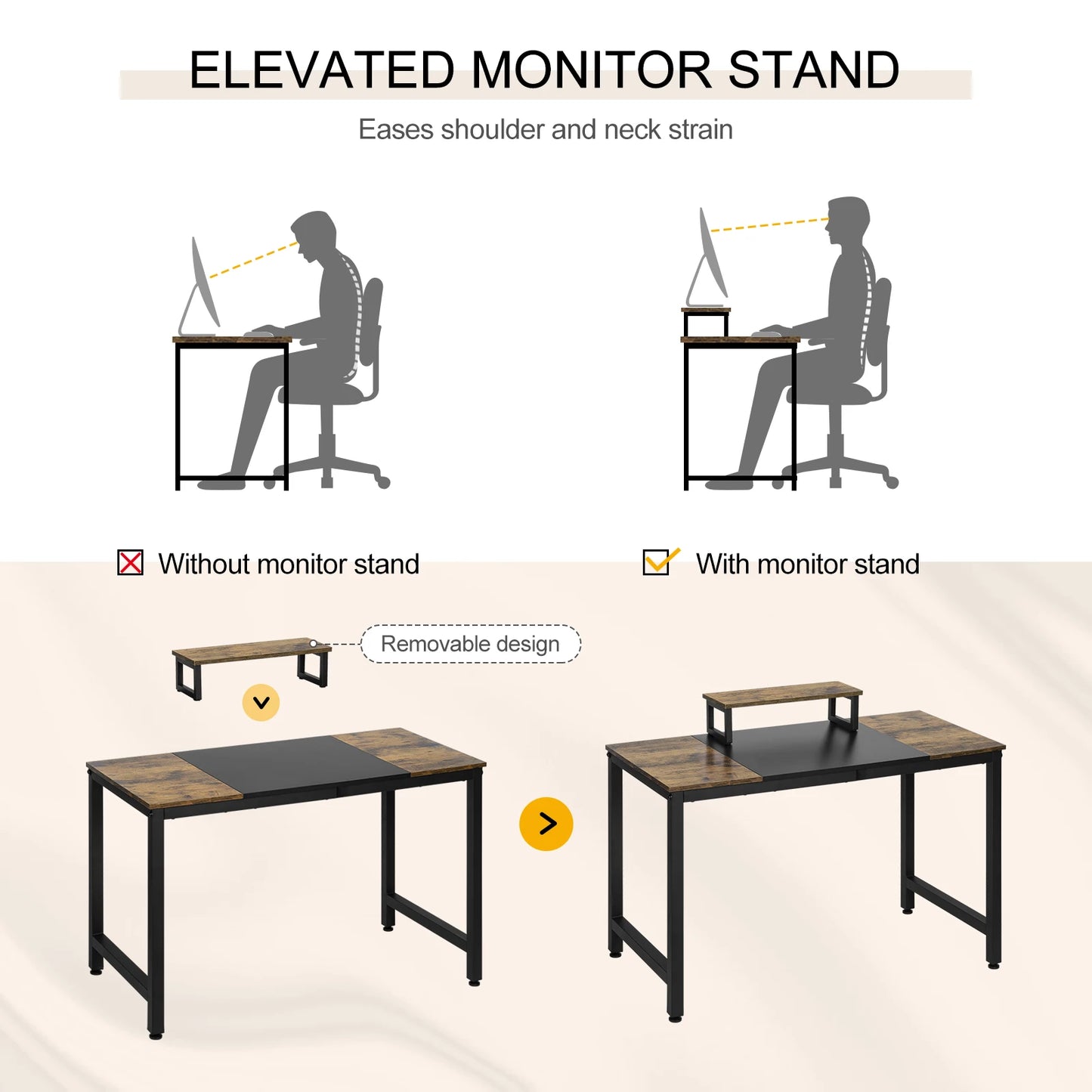 Office Table with Monitor Stand 120x60cm Writing Computer Desk Industrial Style PC Study Work Table for Bureau Gaming Room