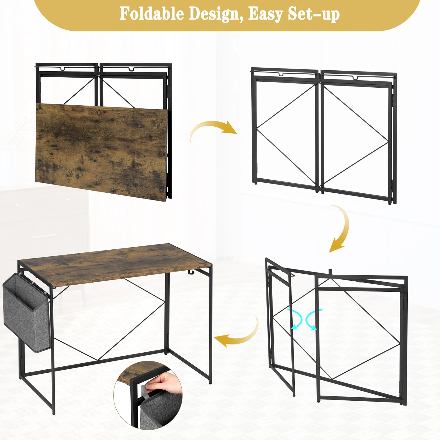 Folding Office Desk 100x75x50cm Computer Desk with Side Pocket Hook PC Work Study Table for Students Home Bedroom