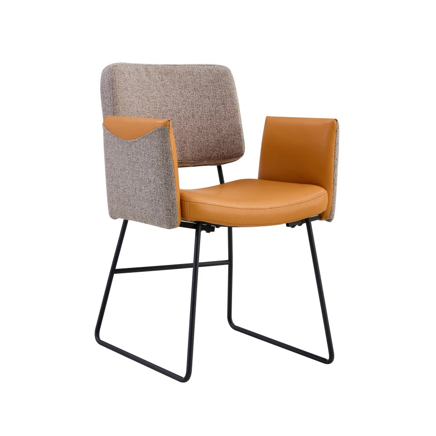 Cushioned chairs， dining chairs, kitchen chairs, armrest frames are metal and black leg chairs are ecological leather