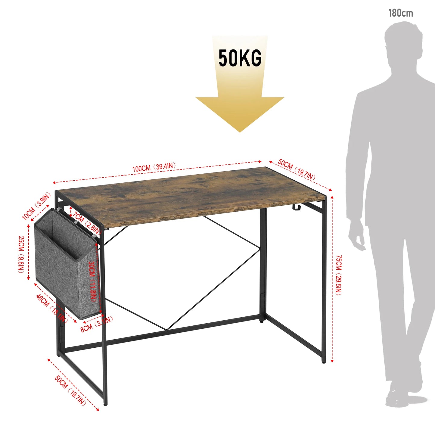 Folding Office Desk 100x75x50cm Computer Desk with Side Pocket Hook PC Work Study Table for Students Home Bedroom