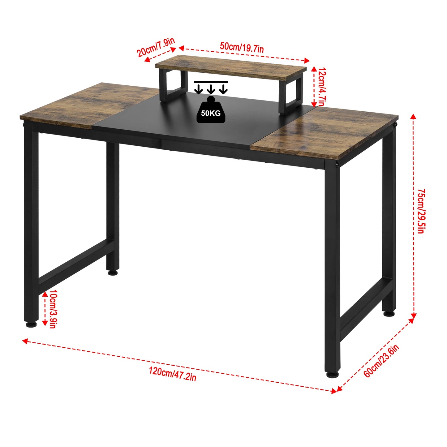 Office Table with Monitor Stand 120x60cm Writing Computer Desk Industrial Style PC Study Work Table for Bureau Gaming Room